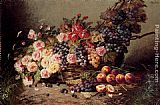 Still Life Of Roses, Peaches And Grapes In A Basket by Modeste Carlier